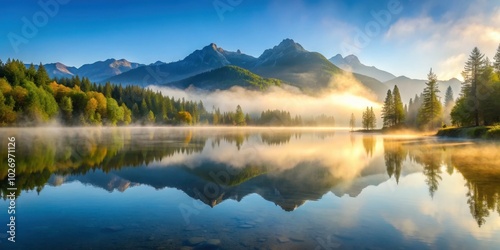 Tranquil morning lake surrounded by fog and mountains, morning, lake, water, reflection, fog, misty, peaceful, serene, nature