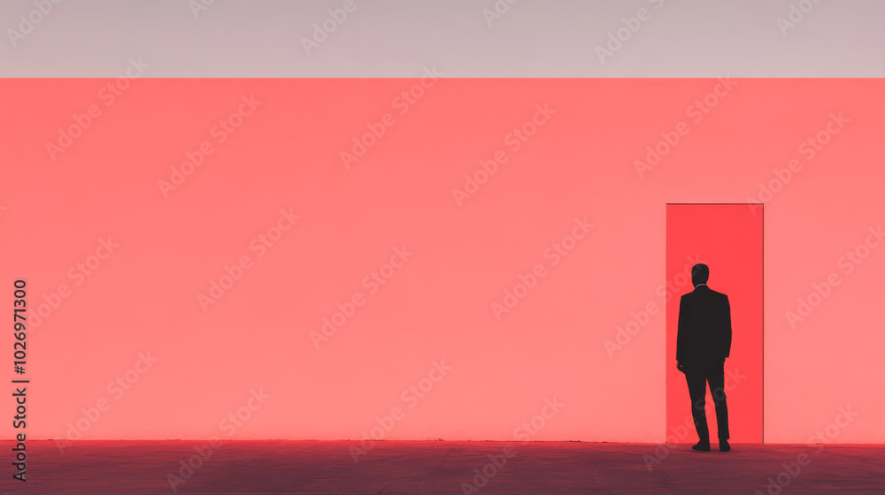Silhouette of a man standing in a doorway against a bright red background. Silhouette of a man standing in a doorway against a bright red background.
