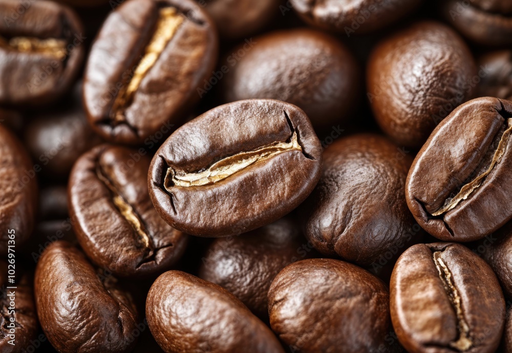 Fototapeta premium Close up of roasted premium arabica coffee beans showing texture