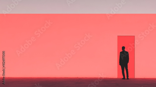 Silhouette of a man standing in a doorway against a bright red background.