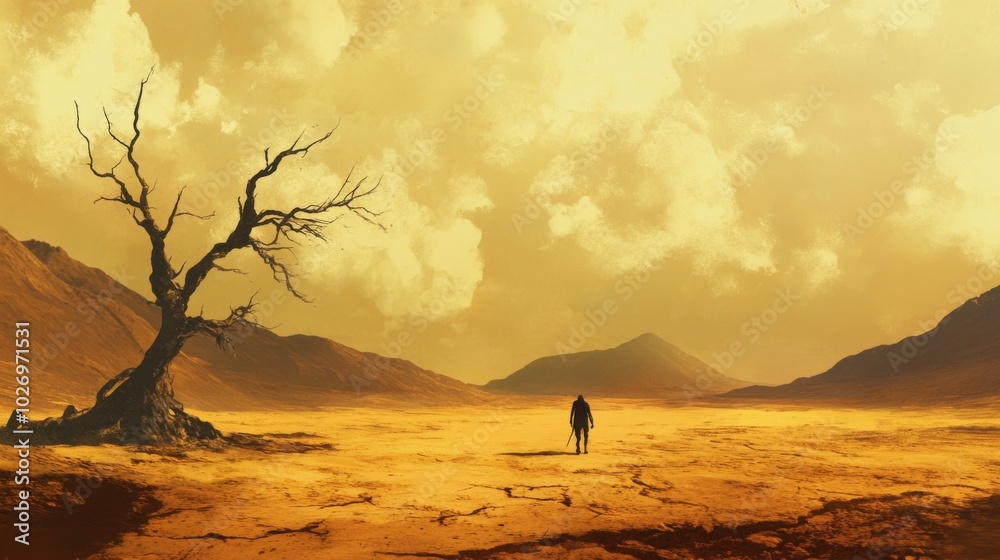 A lone figure walks through a barren desert landscape, a dead tree stands against a cloudy sky.