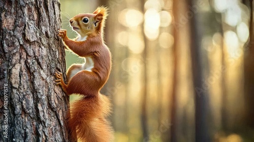 A red squirrel climbing a tree trunk in the forest, its bushy tail trailing behind