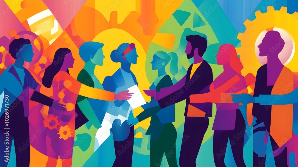 A Group of Diverse Individuals Interacting in a Colorful Abstract Setting A Group of Diverse Individuals Interacting in a Colorful Abstract Setting