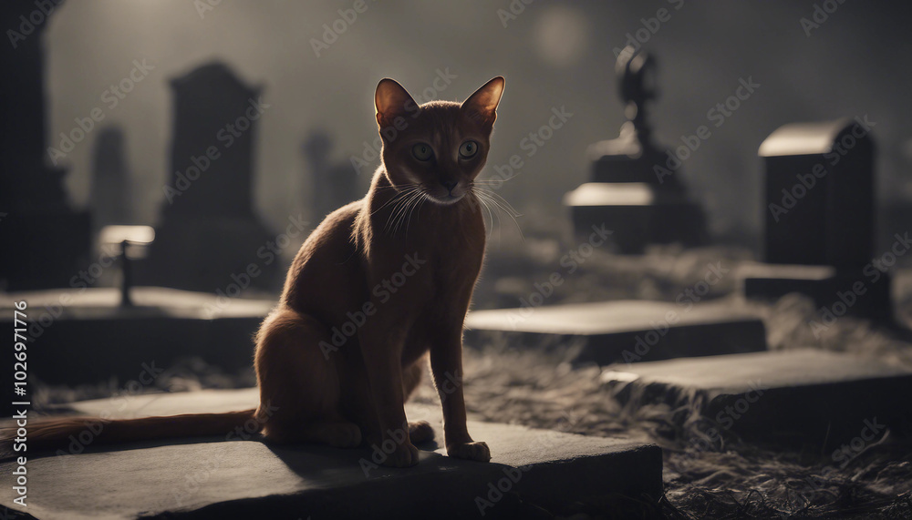 Obraz premium A cat sits atop a gravestone in a dark, misty cemetery under the full moon. The eerie scene captures a sense of mystery and intrigue, perfect for Halloween themes.