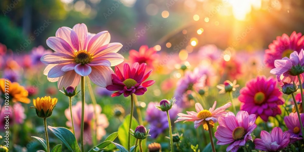 Close-up of a vibrant, blooming flower garden with morning dew on petals in soft dawn light , flowers, garden, vibrant, blooming Close-up of a vibrant, blooming flower garden with morning dew on petals in soft dawn light , flowers, garden, vibrant, blooming