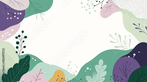 Abstract floral background with leaves, branches, and dots in a soft, pastel color palette.