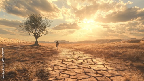 A lone figure walks towards the setting sun on a dusty road in a desert landscape.