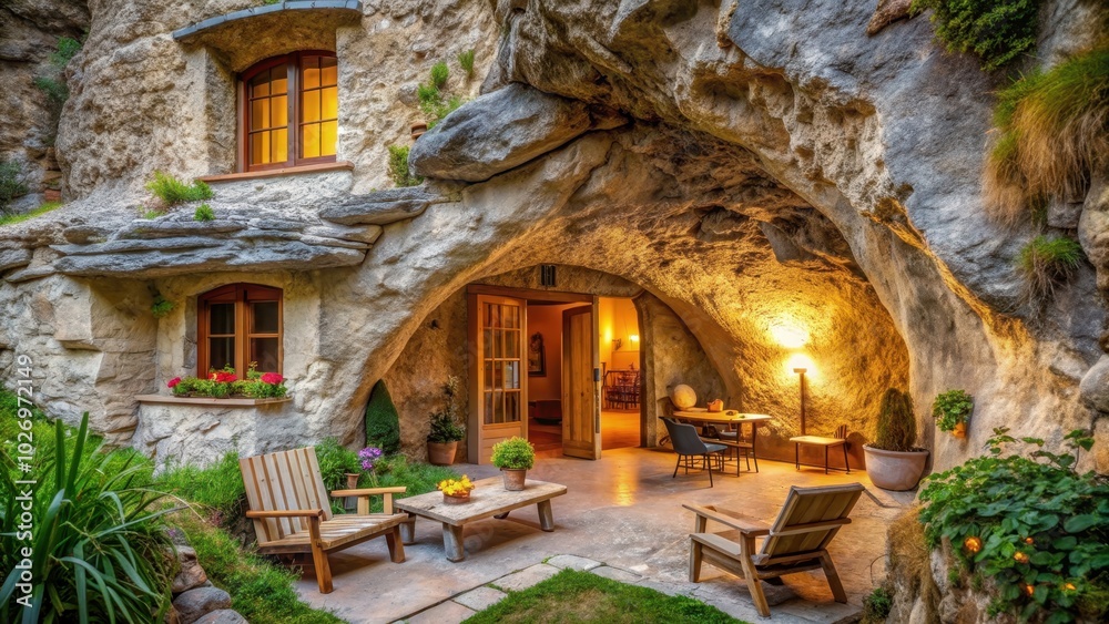 Fototapeta premium A cozy and rustic home built into a cave entrance , cave, dwelling, rocky, unique, architecture, interior, design