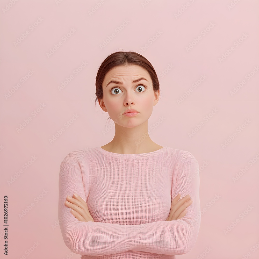 Confused woman with crossed arms against a pink background Confused woman with crossed arms against a pink background
