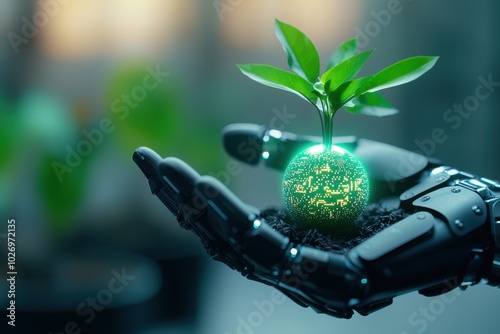 Robot hand holding a glowing plant, symbolizing technology and nature integration