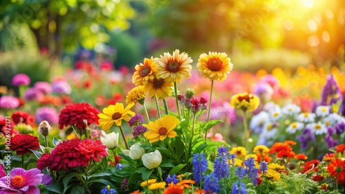 Colorful flowers blooming in a vibrant garden, flowers, blooming, garden, nature, colorful, petals, foliage, plants