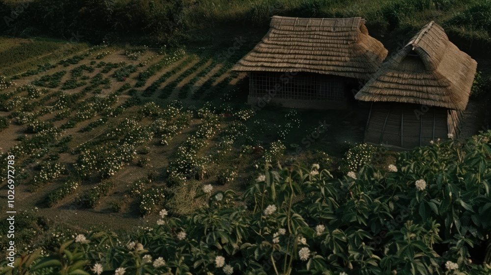 Two Thatched Huts Nestled in a Lush Green Field with White Flowers Two Thatched Huts Nestled in a Lush Green Field with White Flowers