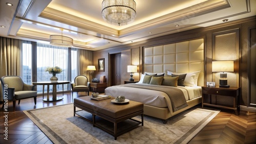 Luxurious hotel room with elegant furnishings and soft lighting, hotel, room, interior, luxurious, elegant, furnishings, decor