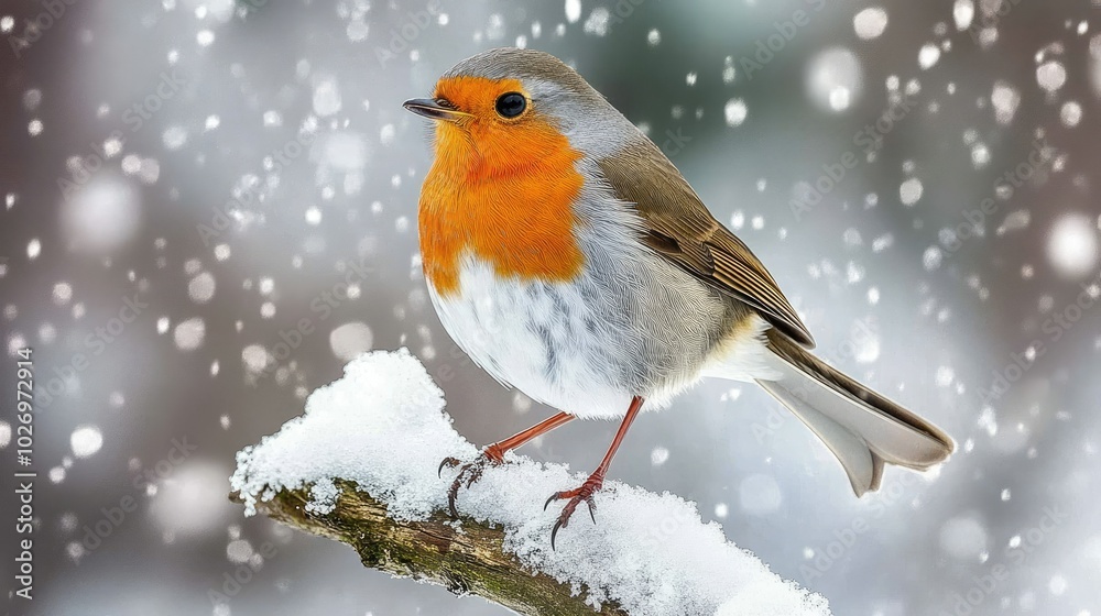 A robin perched on a snowy branch, its vibrant red breast standing out against the white snow A robin perched on a snowy branch, its vibrant red breast standing out against the white snow