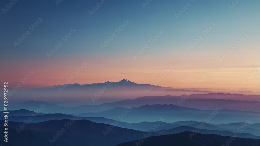 A breathtaking view of mountain ranges at sunset, with layers of blue hues and a warm orange sky. Silhouettes of mountains against a vibrant sunset sky A breathtaking view of mountain ranges at sunset, with layers of blue hues and a warm orange sky. Silhouettes of mountains against a vibrant sunset sky