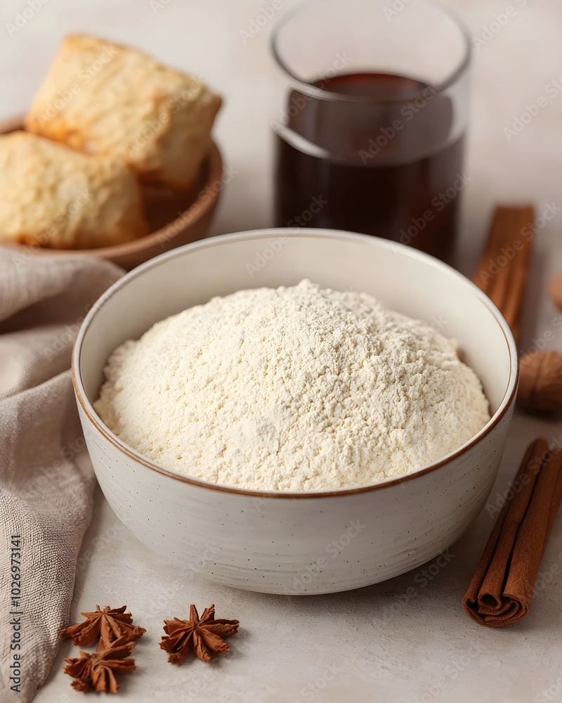 Bowl of flour with spices and snacks on a kitchen table Bowl of flour with spices and snacks on a kitchen table