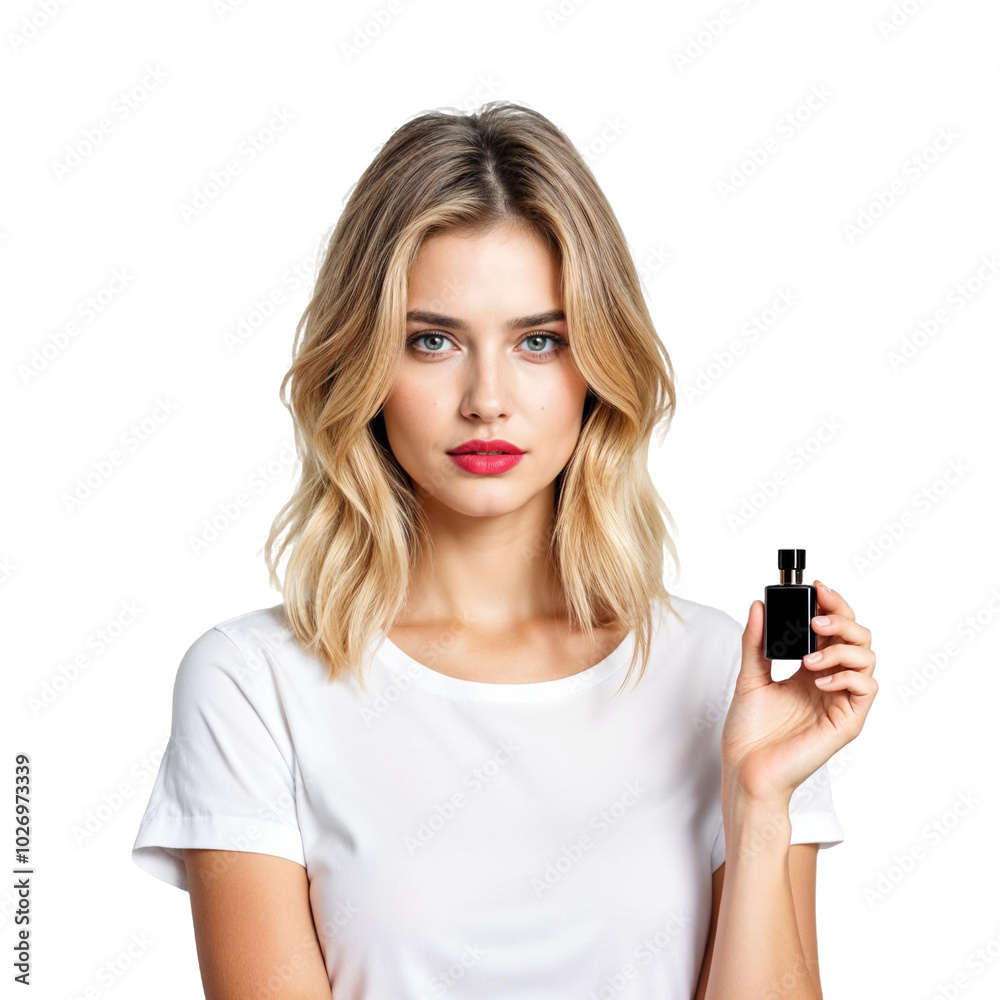 A young Caucasian woman with long, wavy blonde hair holding a black perfume bottle, wearing a white t-shirt A young Caucasian woman with long, wavy blonde hair holding a black perfume bottle, wearing a white t-shirt