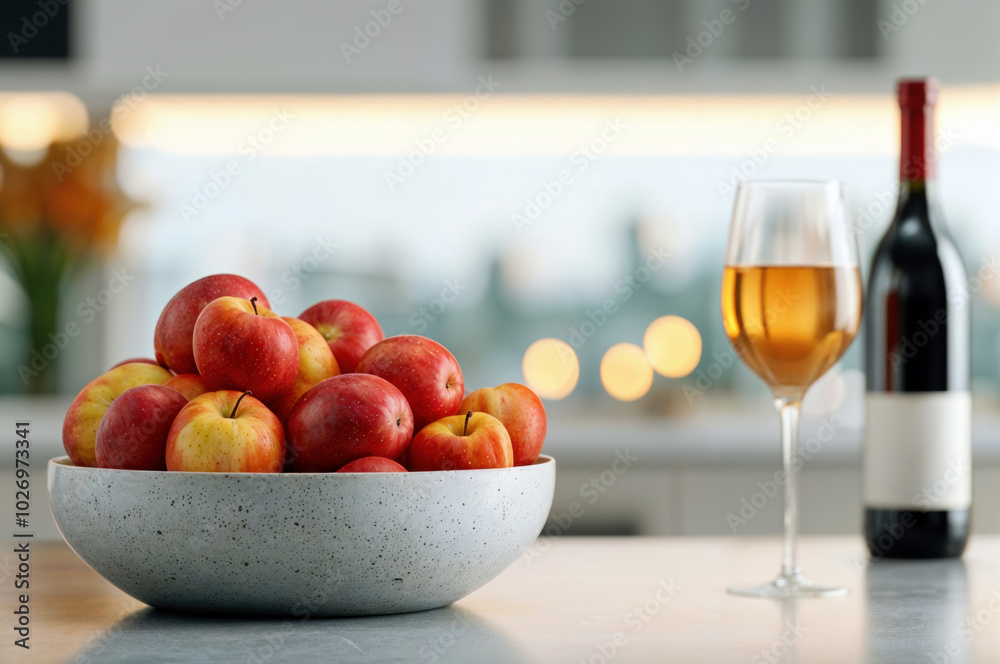 Bowl overflowing with red apples sits on a table beside a glass of white wine and a bottle of red wine in a modern kitchen Bowl overflowing with red apples sits on a table beside a glass of white wine and a bottle of red wine in a modern kitchen