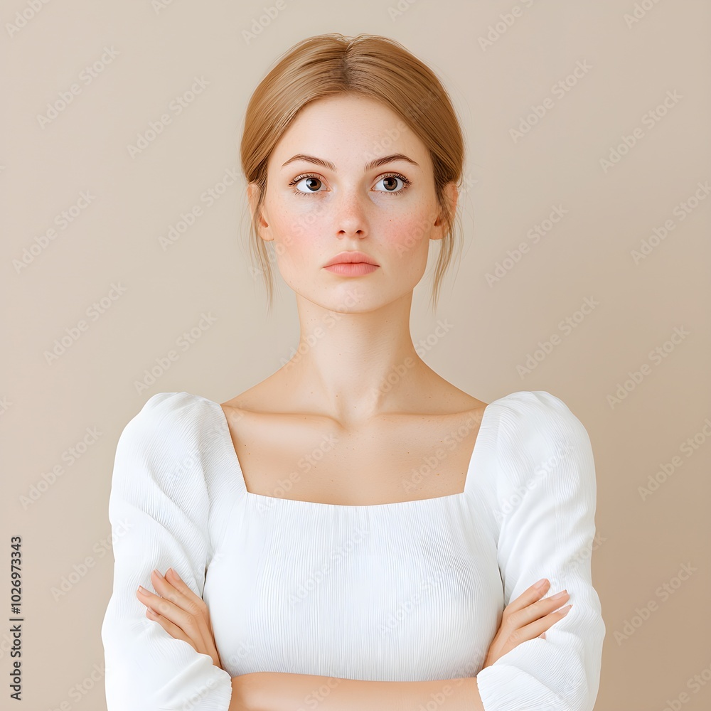Elegant woman with a neutral expression in a minimalist setting Elegant woman with a neutral expression in a minimalist setting