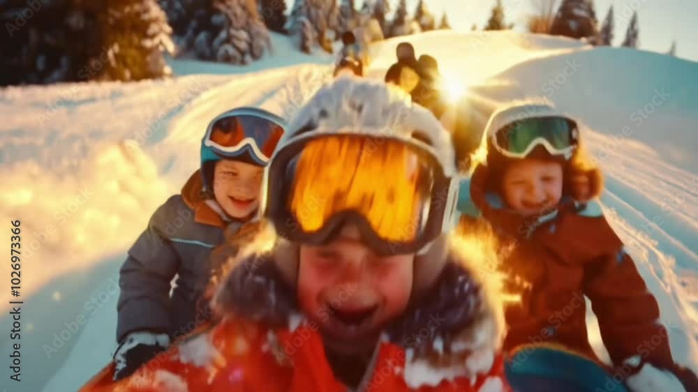 Selfie shot of children sledding down the hill, golden hour, sun glare Selfie shot of children sledding down the hill, golden hour, sun glare