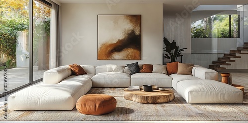 Modern living room with large sectional sofa, abstract artwork, and wooden coffee table.