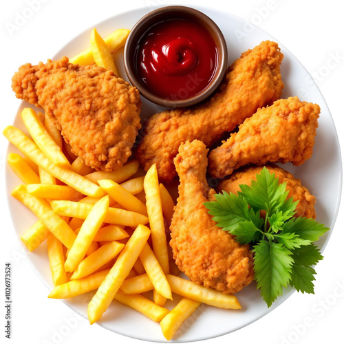 Fried chicken drumsticks and thighs with french fries, ketchup, and a sprig of parsley on a white plate