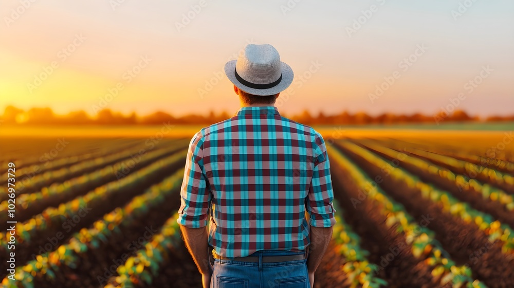 Farmer admiring sunset over rows of crops Farmer admiring sunset over rows of crops