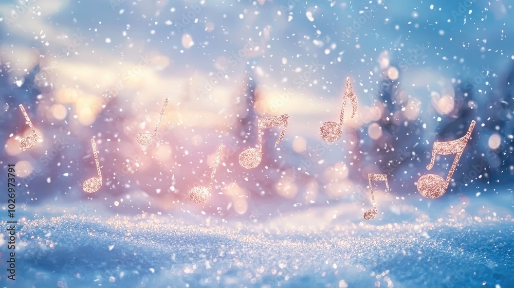 Magical winter scene with floating musical notes, soft snowfall, and a serene sunset background, creating an enchanting holiday atmosphere. Magical winter scene with floating musical notes, soft snowfall, and a serene sunset background, creating an enchanting holiday atmosphere.
