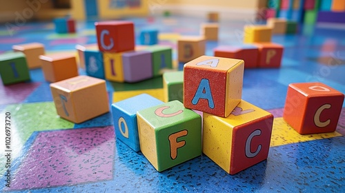 Colorful Building Blocks on Classroom Floor photo