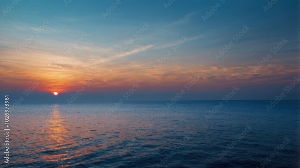 Fototapeta premium A breathtaking view of mountain ranges at sunset, with layers of blue hues and a warm orange sky. Silhouettes of mountains against a vibrant sunset sky