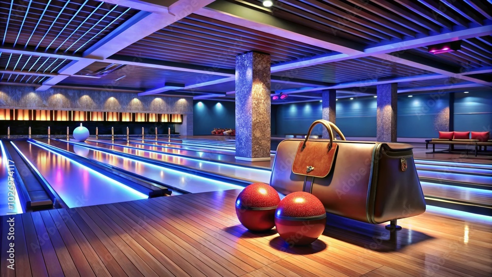 Modern Bowling Alley with Stylish Bowling Ball and Bag in Focus for Architectural Photography Modern Bowling Alley with Stylish Bowling Ball and Bag in Focus for Architectural Photography