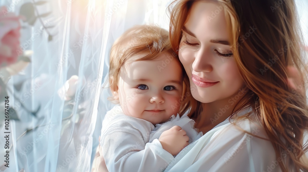 Joyful Mother Holding Baby in Cozy Nursery with Soft Pastel Colors Joyful Mother Holding Baby in Cozy Nursery with Soft Pastel Colors