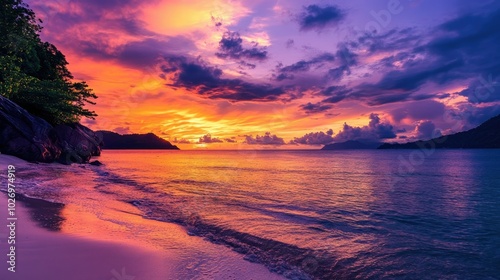 A scenic view of a beach at sunset, with the sky glowing in shades of orange and purple