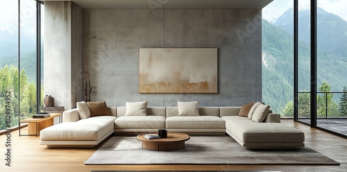 Modern living room with large windows overlooking a mountain view.