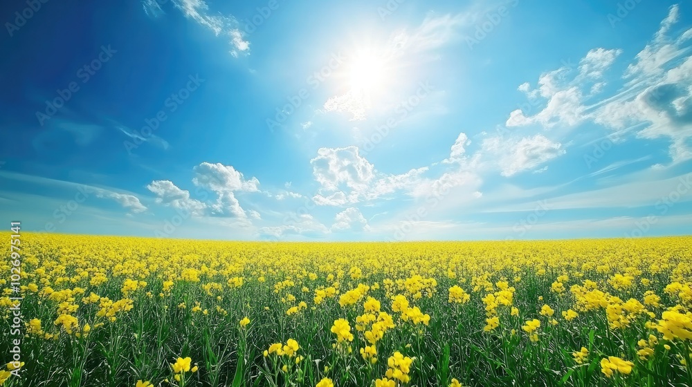 A scenic view of a field of yellow canola flowers stretching as far as the eye can see, under a bright blue sky. A scenic view of a field of yellow canola flowers stretching as far as the eye can see, under a bright blue sky.
