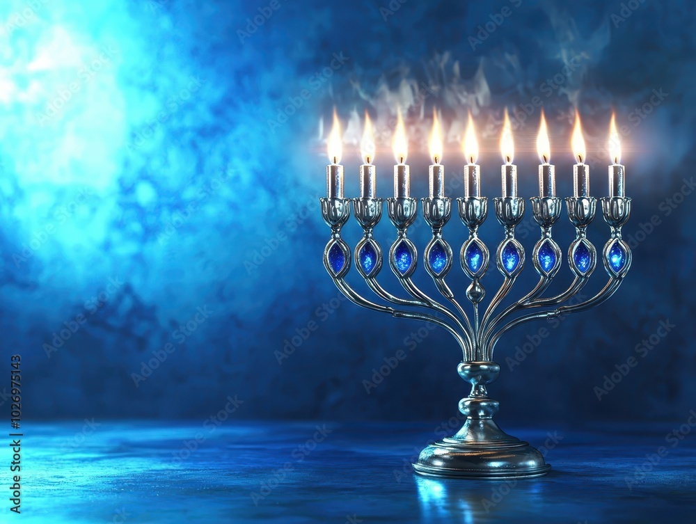 Fototapeta premium Elegant menorah with blue gems, lit candles on a blue background, symbolizing Hanukkah celebration and Jewish tradition.