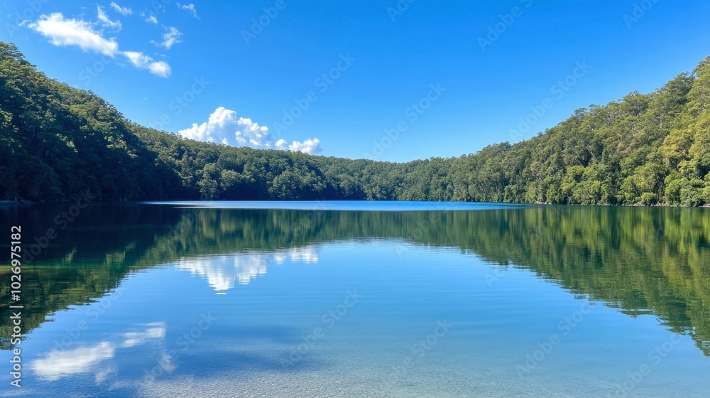 Fototapeta premium Serene Lake with Calm Reflection and Blue Sky