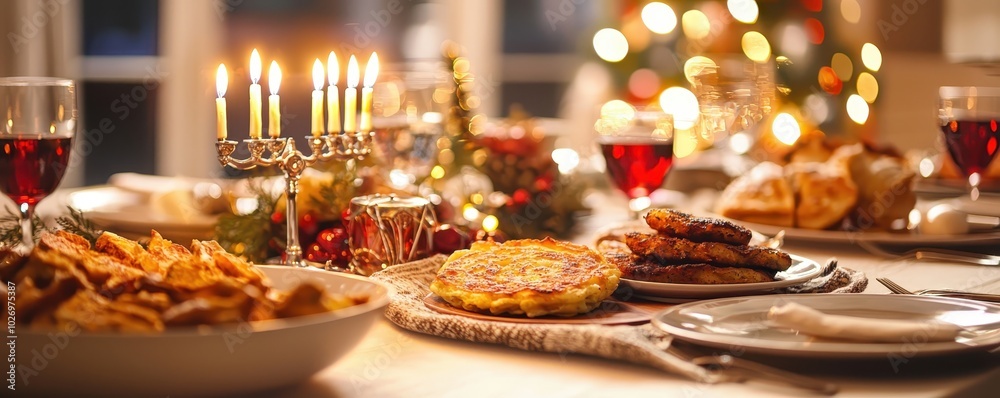 Festive holiday dinner table set with candles, wine, and delicious food, creating a warm and inviting atmosphere for celebration.