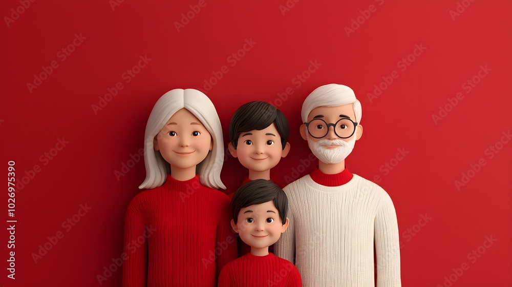 Cheerful family portrait with a vibrant red background Cheerful family portrait with a vibrant red background