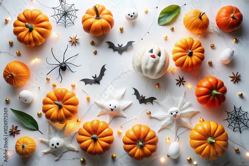 Modern Halloween Flat Lay with Pumpkins, Ghosts, and Bats for Autumn Holiday Decor