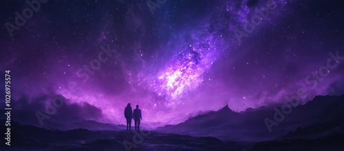 Silhouettes of a couple stand against a backdrop of a purple starry sky.