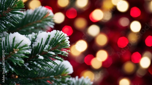 Close-up pine tree needle leaves with snow, blurred gold and red bokeh festive Christmas lights.