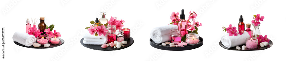 Spa set with pink flowers and candles on a transparent background Spa set with pink flowers and candles on a transparent background