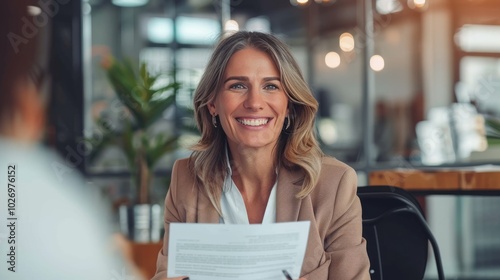 Fototapeta Naklejka Na Ścianę i Meble -  Smiling mature business woman hr holding cv document at job interview. Happy mid aged professional banking manager or lawyer consulting client sitting at workplace in corporate office meeting.