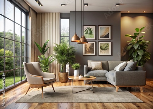 Modern Living Room Design with Grey Accent Wall and Stylish Chair for Interior Inspiration