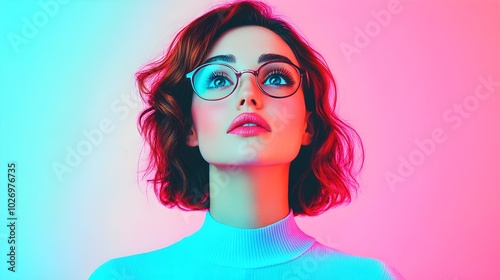 Stylish woman with glasses against a vibrant backdrop