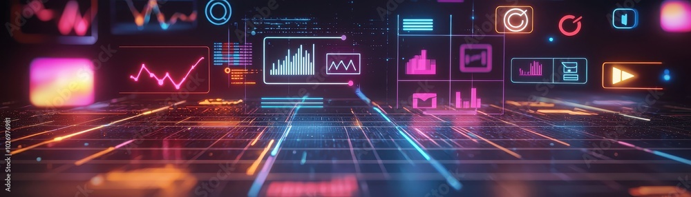 Naklejka premium Abstract digital interface with futuristic graphs and charts, representing data analysis and business intelligence.