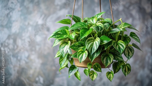 Green variegated leaves of hanging scindapsus pictus exotica houseplant on background, foliage, exotic, houseplant, green