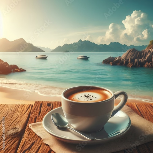 coffee cup on a wooden table in beautiful sea view, outdoor background.