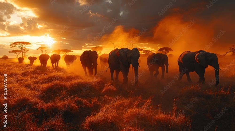 Fototapeta premium Elephant Herd Silhouettes at Sunset